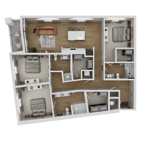 A 3D floor plan of a small apartment with a kitchen, living room, and two bedrooms.